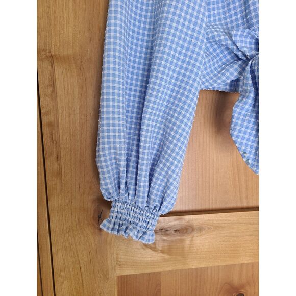 Zara XS Cropped Peasant Cottagecore Beachy Long Puff Sleeve Blouse Gingham Blue - Picture 3 of 4